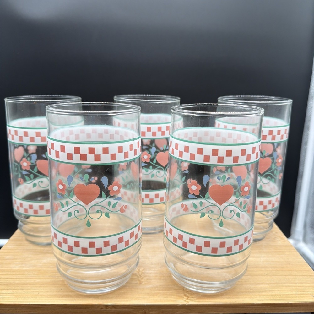 5 Vintage Indiana Glass Hearts & Flowers Pink Checkered 16oz Tumblers
